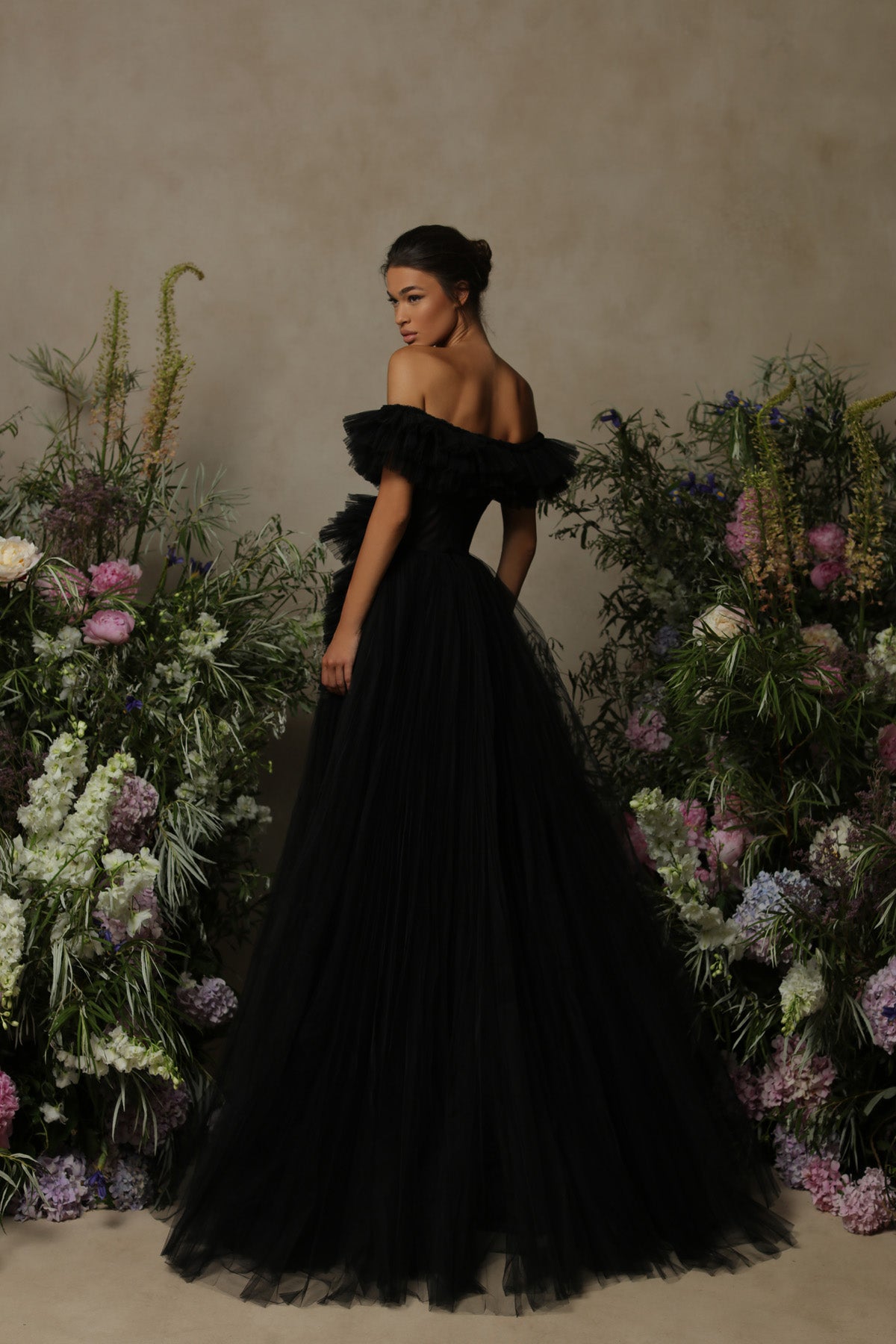 Tarik Ediz 98055 Tulle Off-the Shoulder Evening Dress Pre-order 6 / Black Tarik Ediz 98055 Tulle Off-the Shoulder Evening Dress Pre-order 6 / Black