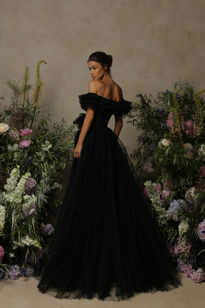 Tarik Ediz 98055 Tulle Off-the Shoulder Evening Dress