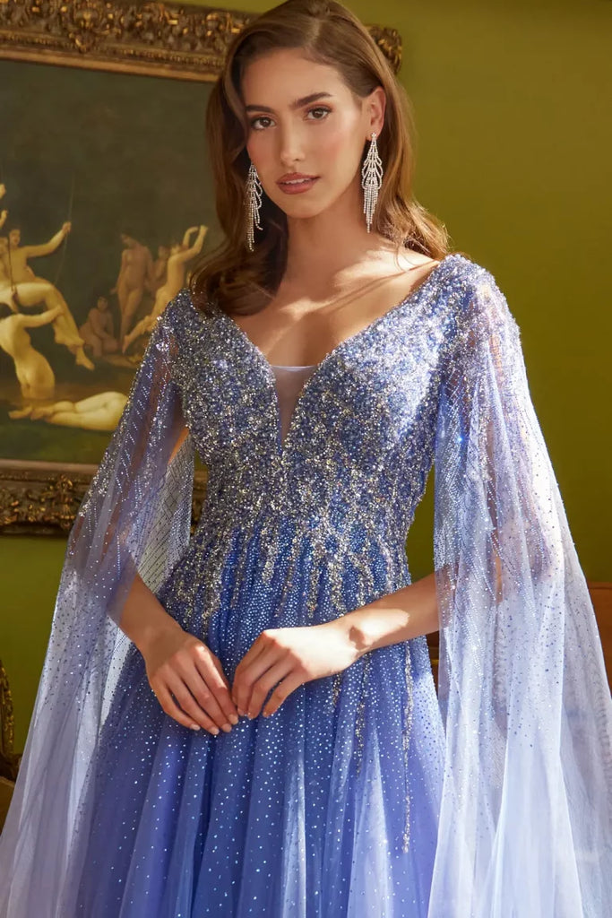 Embellished A-line Gown with Cape GL3606