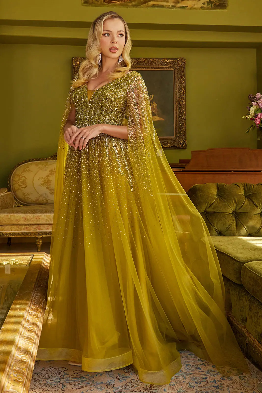Beaded Cape Sleeve A-line Gown by GLS Gloria GL3606 L / Olive Beaded Cape Sleeve A-line Gown by GLS Gloria GL3606 L / Olive