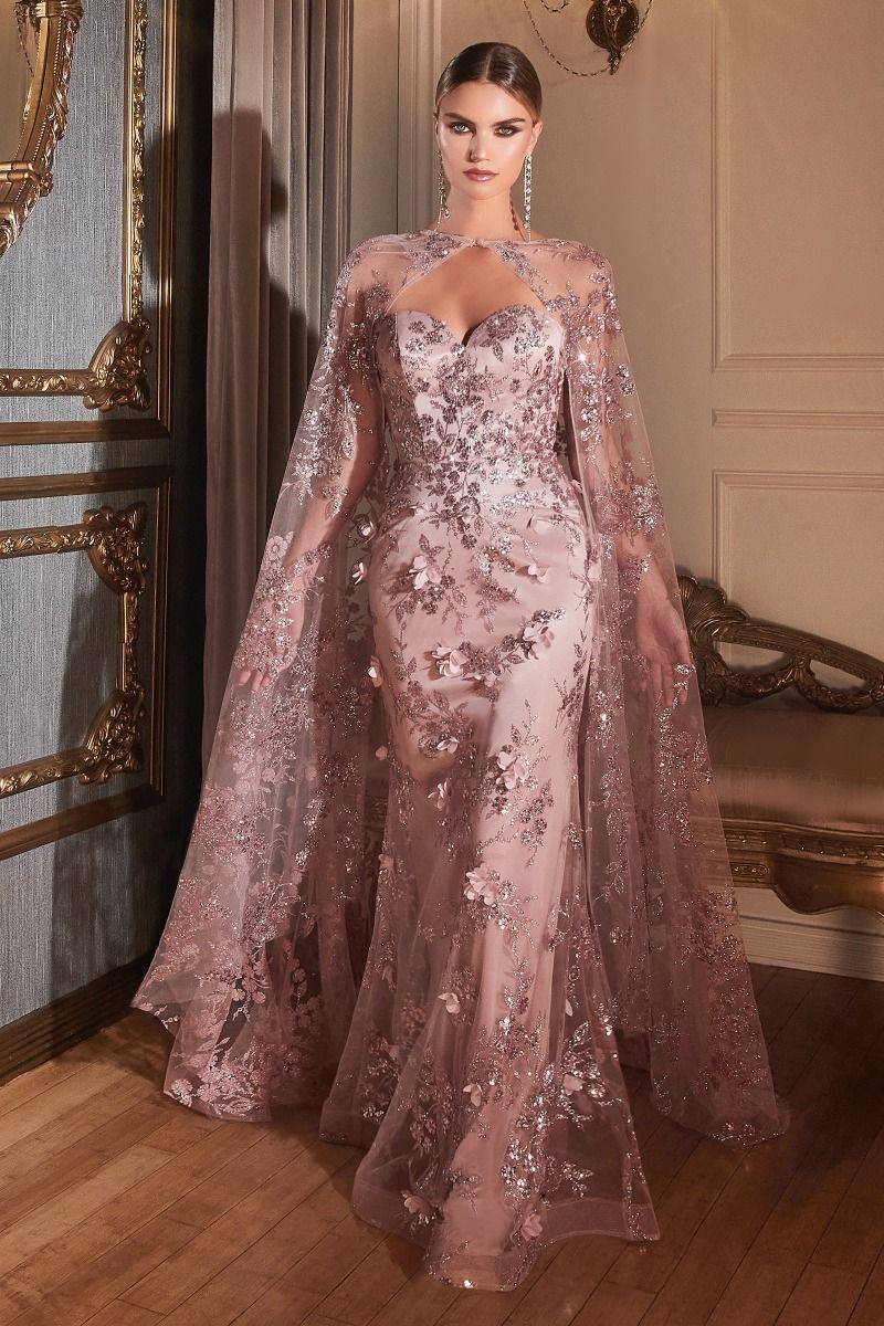 rose gold cape dress Luxury Rose Gold Gradient Beaded Evening Dress with Cape Sleeve SS726