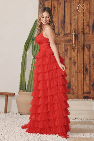 Plunging Neckline Ruffled Tulle Long Gown R1240 by Nox Anabel