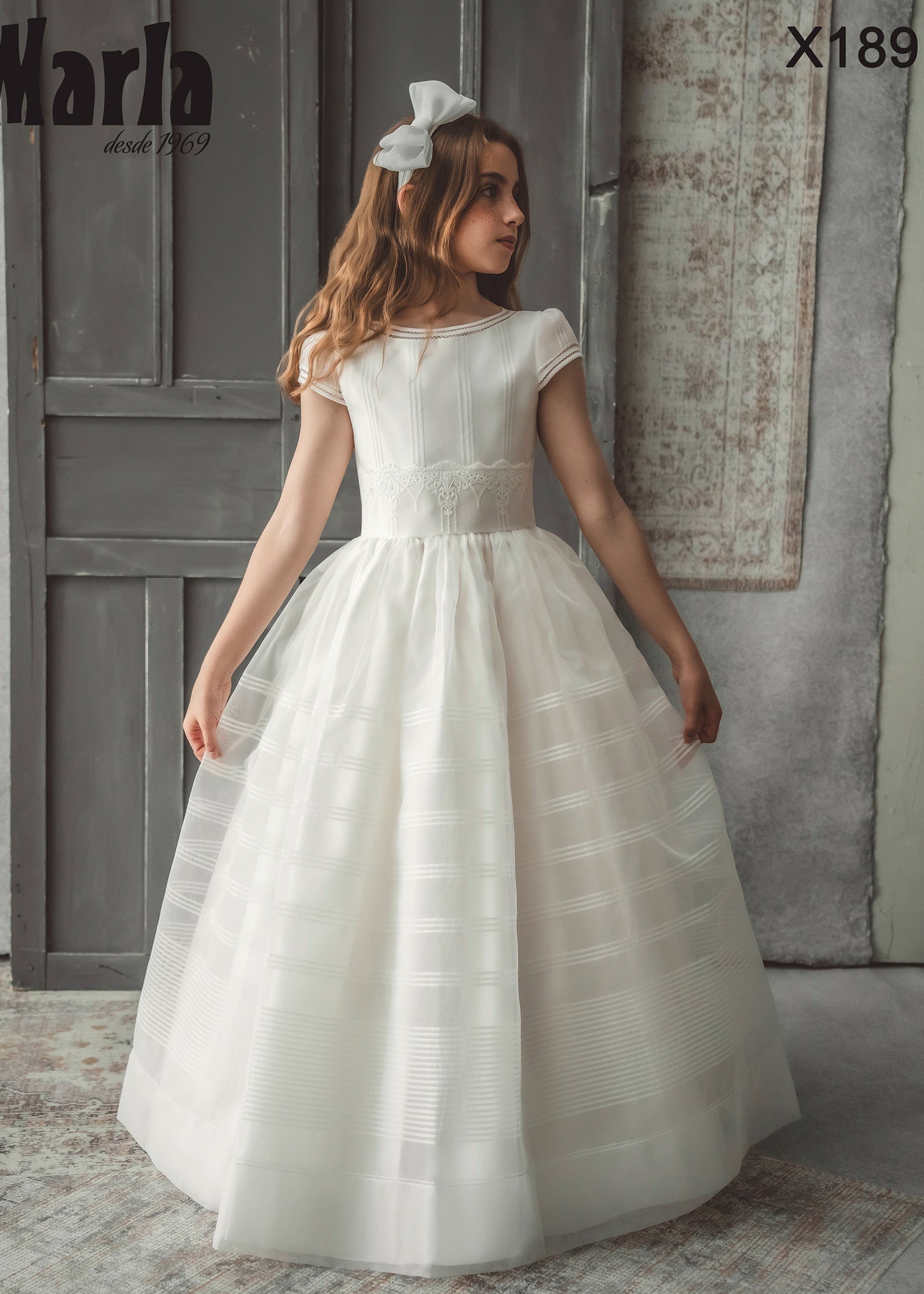 Short Sleeves Spanish Communion Gown Marla X189 Pre-order Size 10 / All White