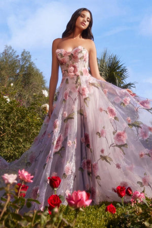 Retrato de organza con estampado de rosas de un vestido rosa Andrea &amp; Leo Couture A1035