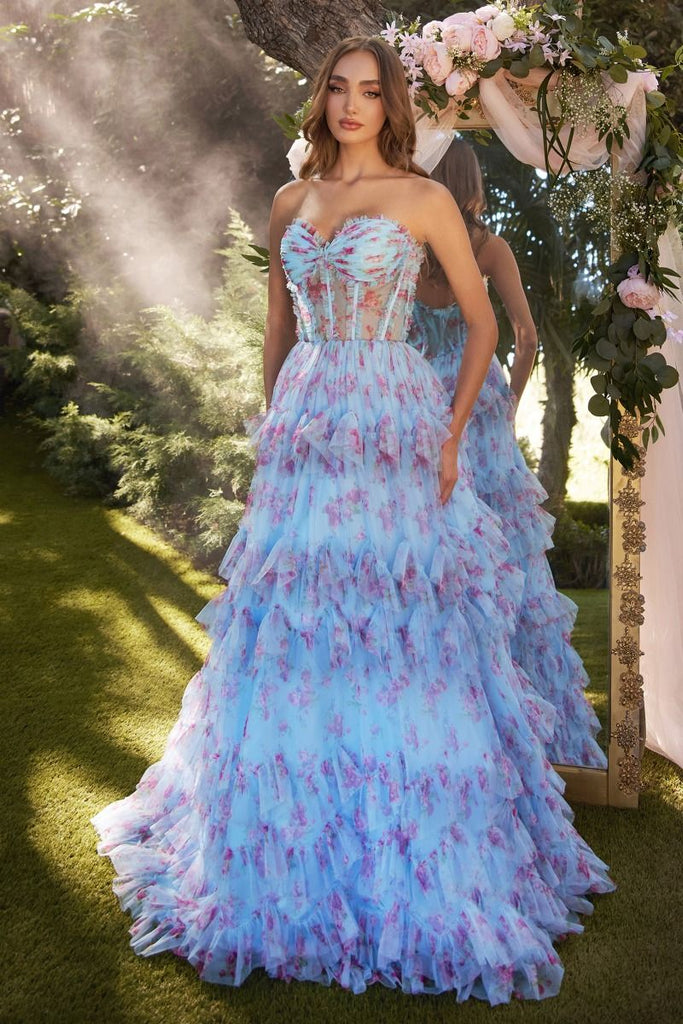 Andrea & Leo A1334 Floral Printed A-Line Dress 10 / Blue Andrea & Leo A1334 Floral Printed A-Line Dress 10 / Blue