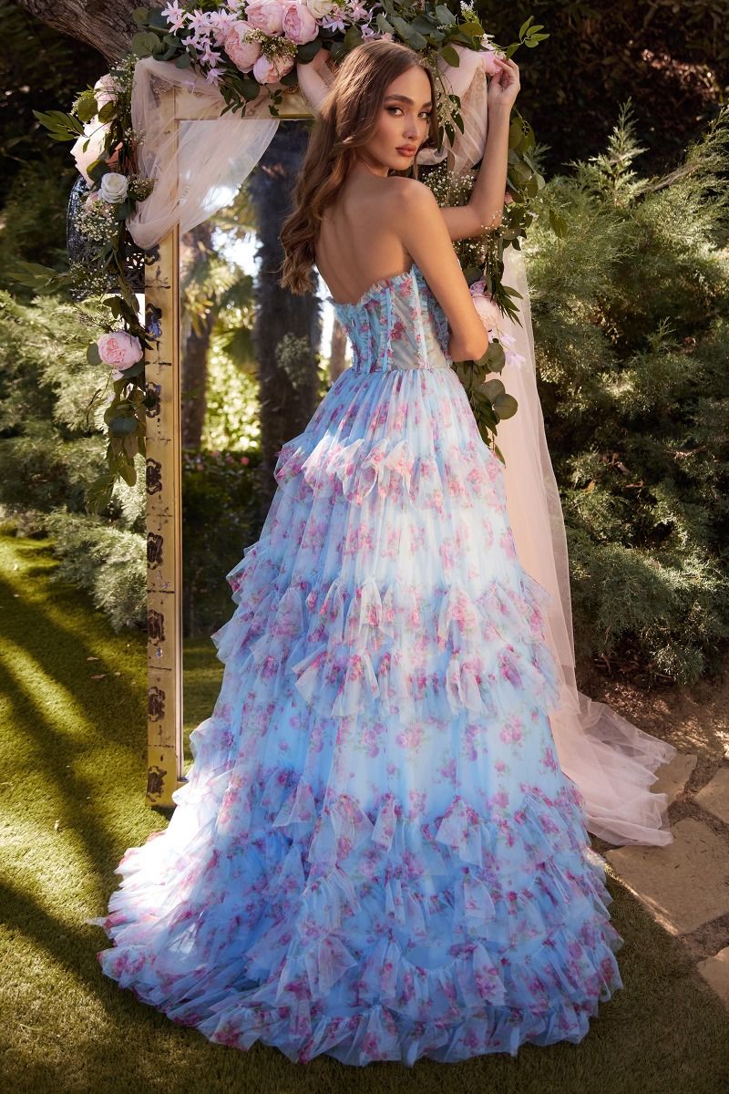 Andrea & Leo A1334 Tiered Layered Strapless Floral Dress, Blue / 10 Andrea & Leo A1334 Tiered Layered Strapless Floral Dress, Blue / 10