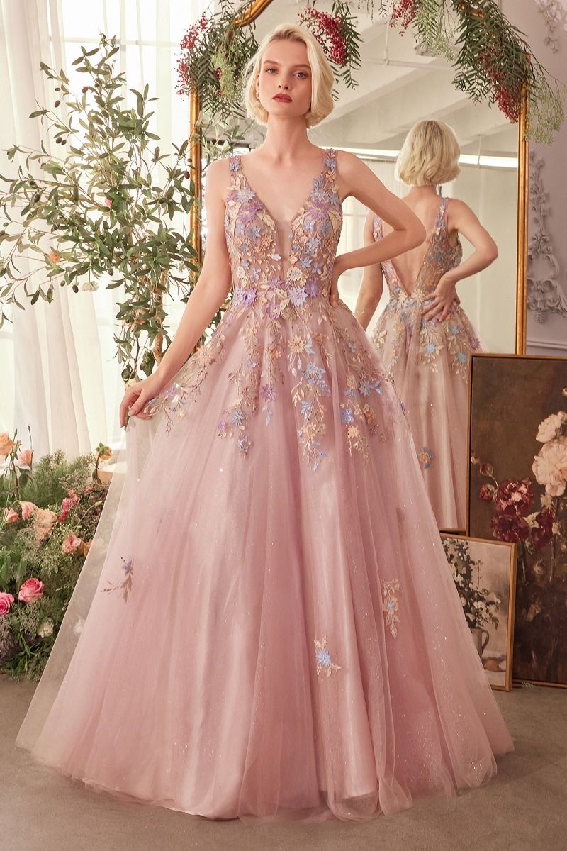 Andrea & Leo Couture A1394 Floral Appliques A-line Gown Sparkly Gowns Andrea & Leo Couture A1394 Floral Appliques A-line Gown Sparkly Gowns