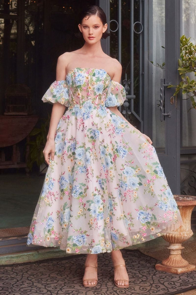 Andrea & Leo Couture A1406 Floral Tea Length Gown Sparkly Gowns Andrea & Leo Couture A1406 Floral Tea Length Gown Sparkly Gowns