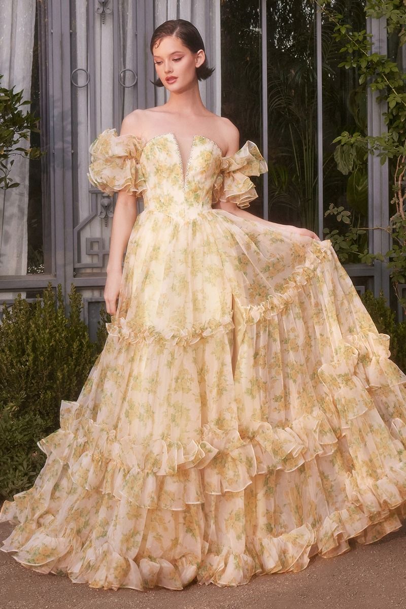 A1430 - STRAPLESS FLORAL PRINTED BALL GOWN - Andrea & Leo Couture | Lady Black Tie Yellow / 2 A1430 - STRAPLESS FLORAL PRINTED BALL GOWN - Andrea & Leo Couture | Lady Black Tie Yellow / 2