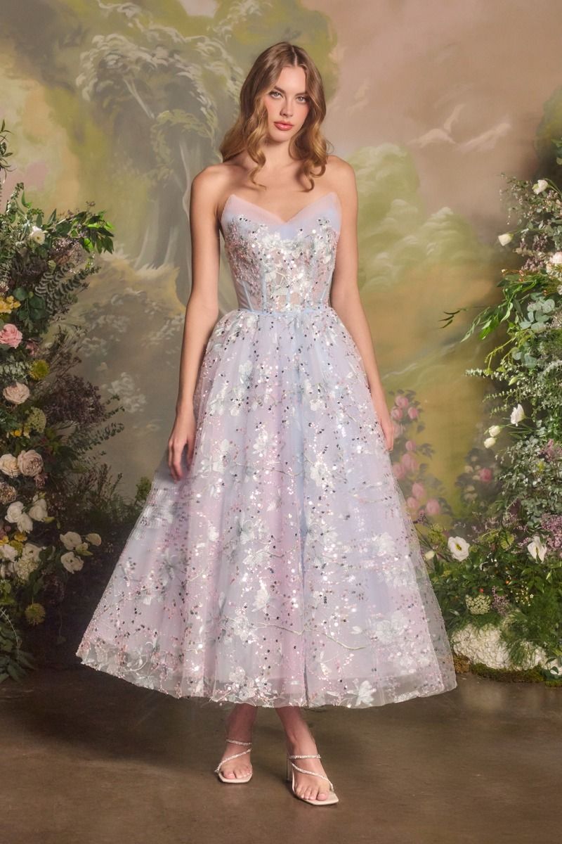 Andrea & Leo Couture A1485 Shimmer Floral Midi Dress Light Blue (SkyBlue) / 12 Andrea & Leo Couture A1485 Shimmer Floral Midi Dress Light Blue (SkyBlue) / 12