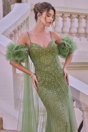 Andrea & Leo A1515 Beaded Fitted Gown with Ruffle Tulle Cape - image 2
