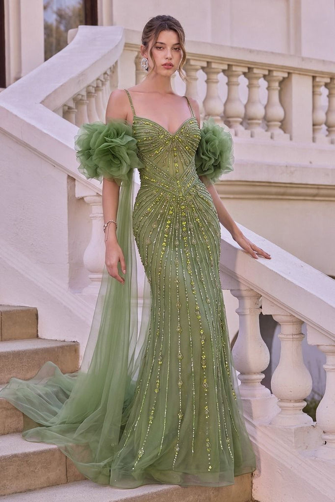 Andrea & Leo A1515 Beaded Fitted Gown with Removable Cape