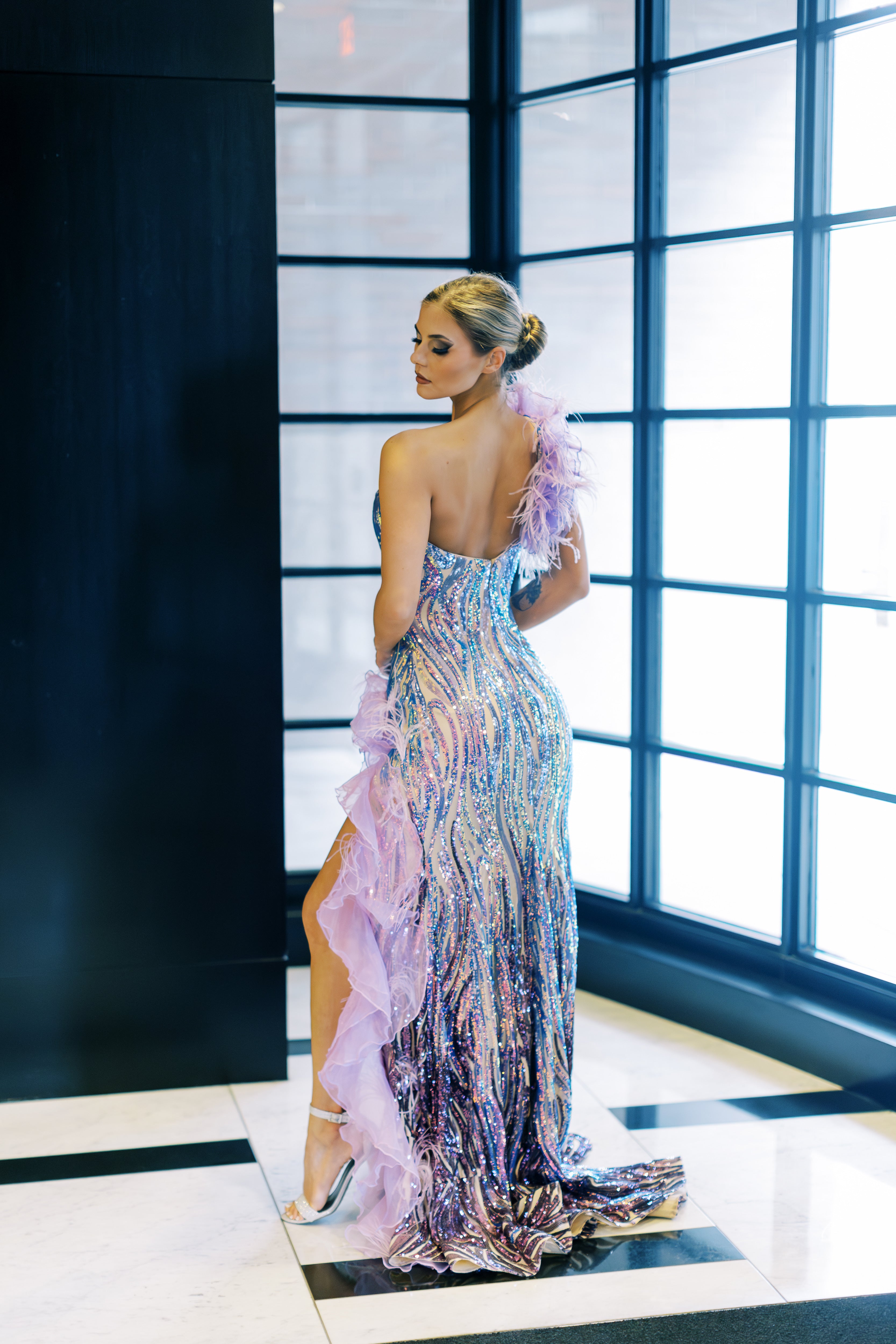 jovani purple feather dress Jovani Sheer-Bodice Long Prom Dress with Feathers Purple / 00