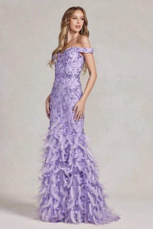 Off the Shoulder Sequin and Feather Embellishment Prom Gown By Nox Anabel C1106