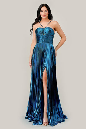 Halter Pleated A-Line Gown C153