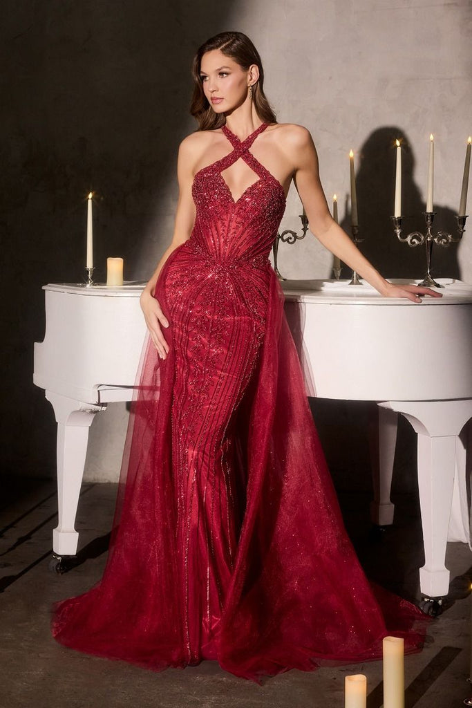 Halter Neckline Beaded Gown with detachable overskirt  LaDivine CC495