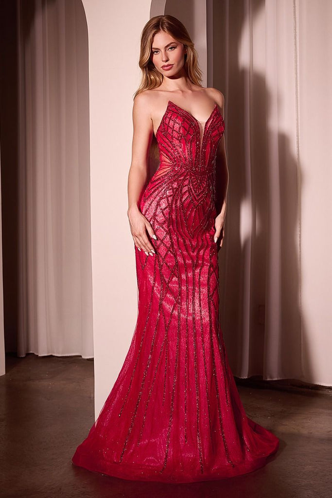 Strapless Ruched Bodice Beaded Trim Mermaid Gown Mulberry main image 1