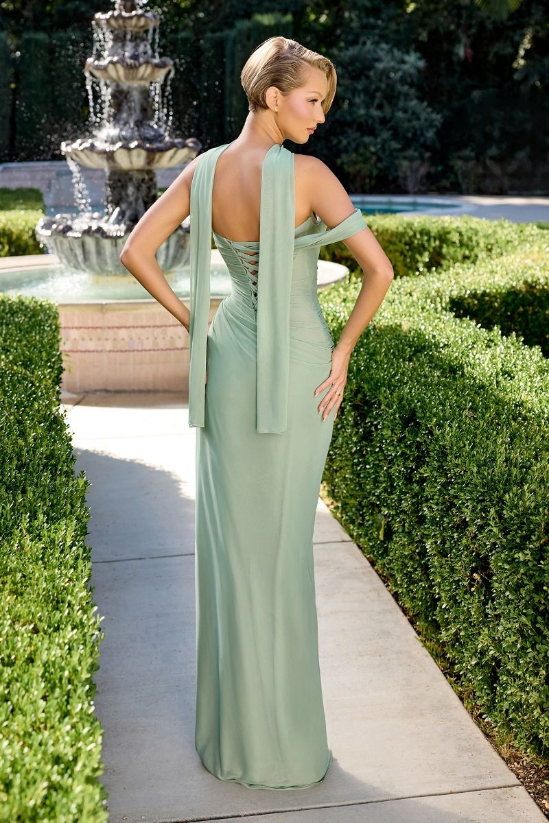 sage fitted dress Beaded Strappy Back Slit Gown by Rachel Allan 70983 4 / Lilac
