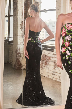 Vestido de lentejuelas florales sin tirantes CD811