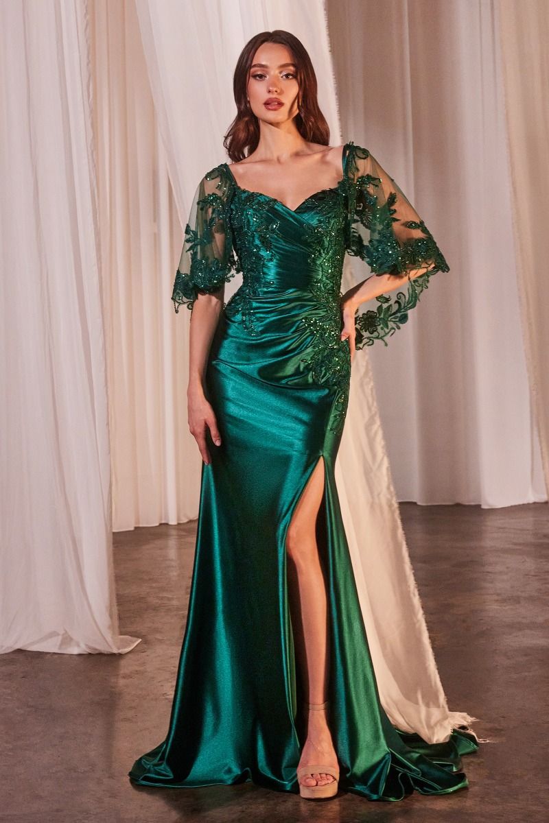 Satin Fitted Long Dress Removable Caplet CDS499 Sparkly Gowns Satin Fitted Long Dress Removable Caplet CDS499 Sparkly Gowns