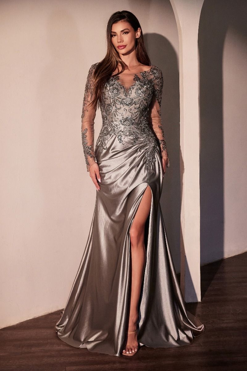 Long Sleeves Satin Evening Dress CDS505 Sparkly Gowns Long Sleeves Satin Evening Dress CDS505 Sparkly Gowns