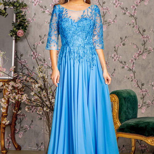 chiffon beaded maxi dress Beaded Chiffon A-Line Long Dress GL3445 L / Blue