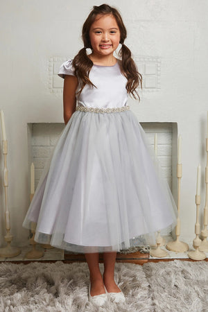 Holiday Sleeve Satin Dress with Tulle Skirt 452