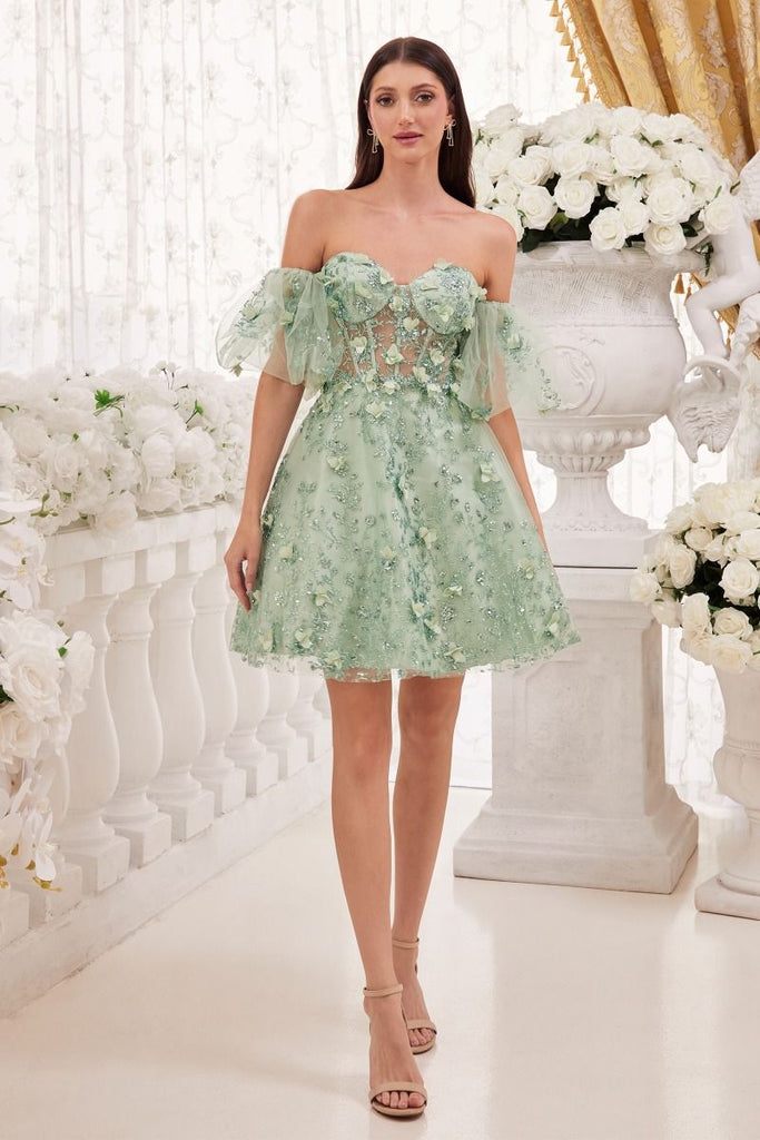 Strapless Floral Glitter Appliques Short Gown KV1089
