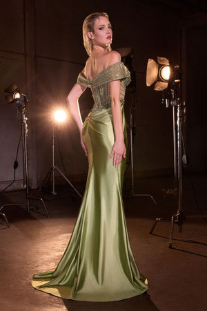 Ladivine KV1140  Off-the-Shoulder Satin Fitted Evening Gown