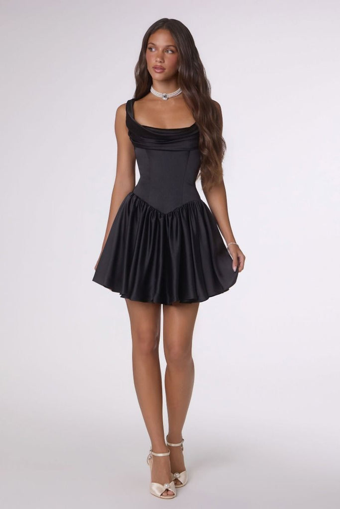 Amoris T735 Square-Neck Satin Fit-and-Flare Mini Dress