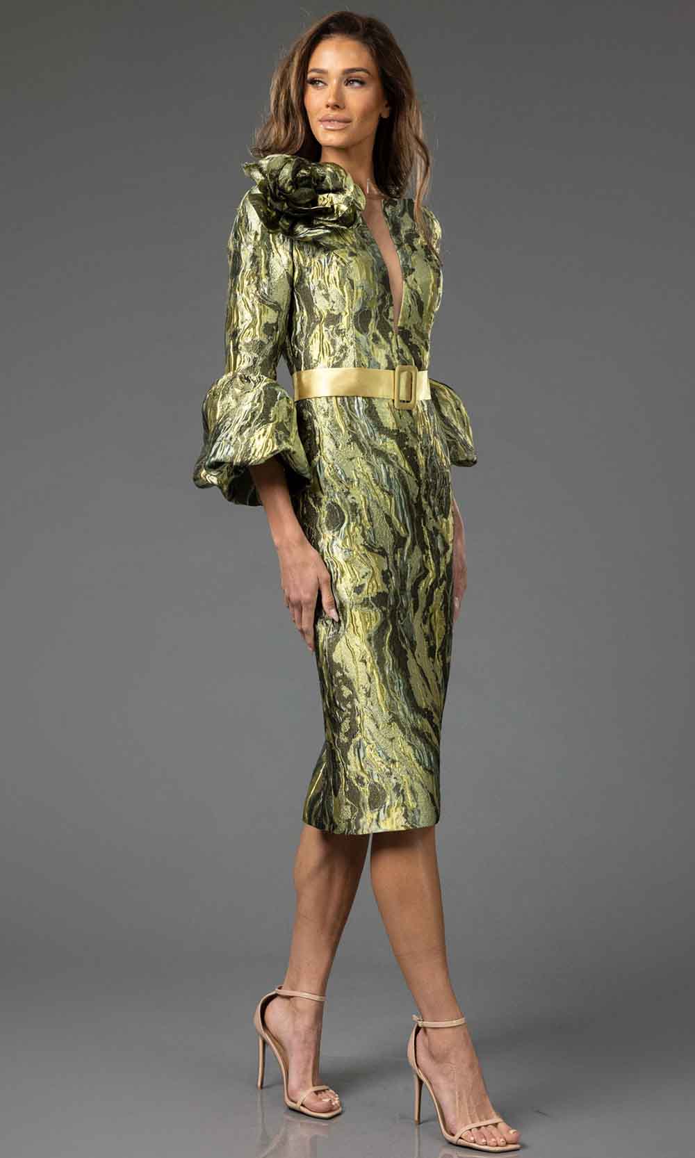 Terani Couture 251C4167 - Knee Length Lava Jacquard Sheath Dress - Quarter-Length Sleeves, Buckled Belt, Full Back, Back Slit, 3D Floral Accent, Terani Couture 251C4167 - Knee Length Lava Jacquard Sheath Dress - Quarter-Length Sleeves, Buckled Belt, Full Back, Back Slit, 3D Floral Accent,