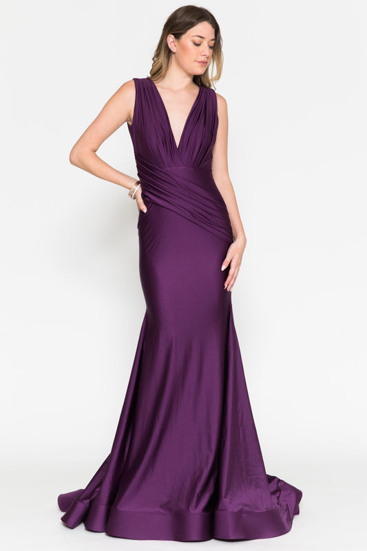 Fitted Satin Sleeveless Open Back Eggplant Evening Gown AC370 4 / Magenta Fitted Satin Sleeveless Open Back Eggplant Evening Gown AC370 4 / Magenta