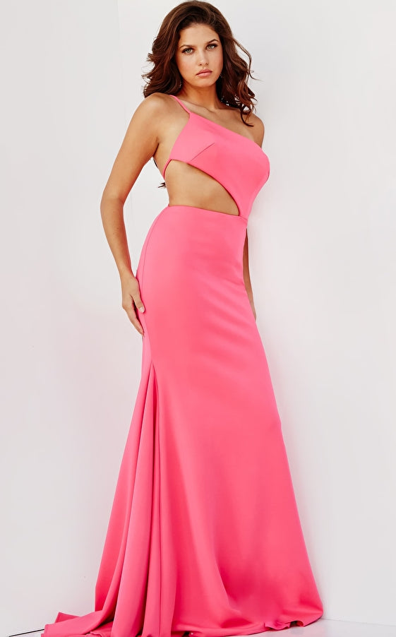 Asymmetrical Neckline Side Cutout Prom Gown By Jovani JVN000273 8 / Cerise (HotPink) Asymmetrical Neckline Side Cutout Prom Gown By Jovani JVN000273 8 / Cerise (HotPink)