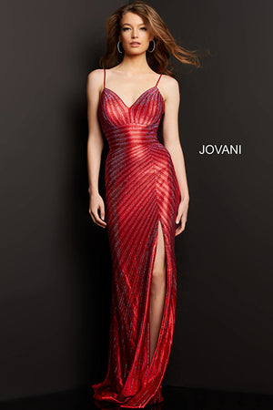 V-Neckline Beaded Embellishment High Slit Prom Gown By Jovani 220580