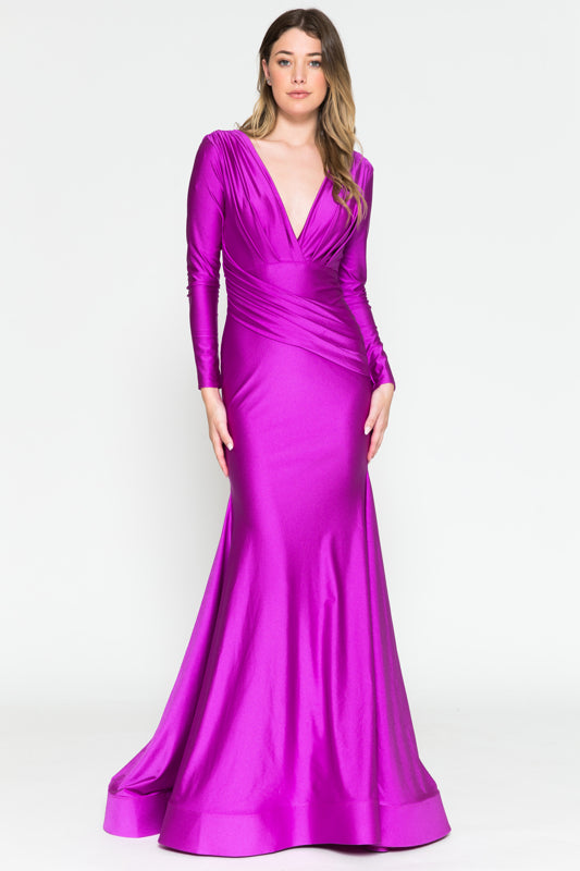 Side-Drape V-Neck Long Formal Dress with Long Sleeves Magenta / 14 Side-Drape V-Neck Long Formal Dress with Long Sleeves Magenta / 14