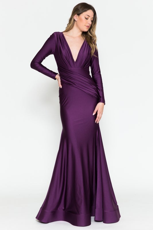 Fitted Satin Long Sleeves Open Eggplant Evening Gown AC381 2 / Eggplant (Purple) Fitted Satin Long Sleeves Open Eggplant Evening Gown AC381 2 / Eggplant (Purple)