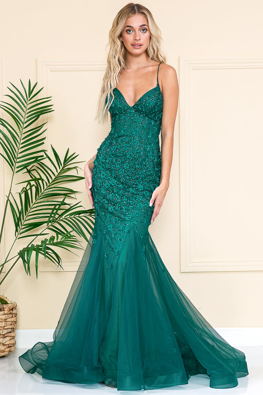 3D Flowers Appliques Mermaid Evening Dress SU066