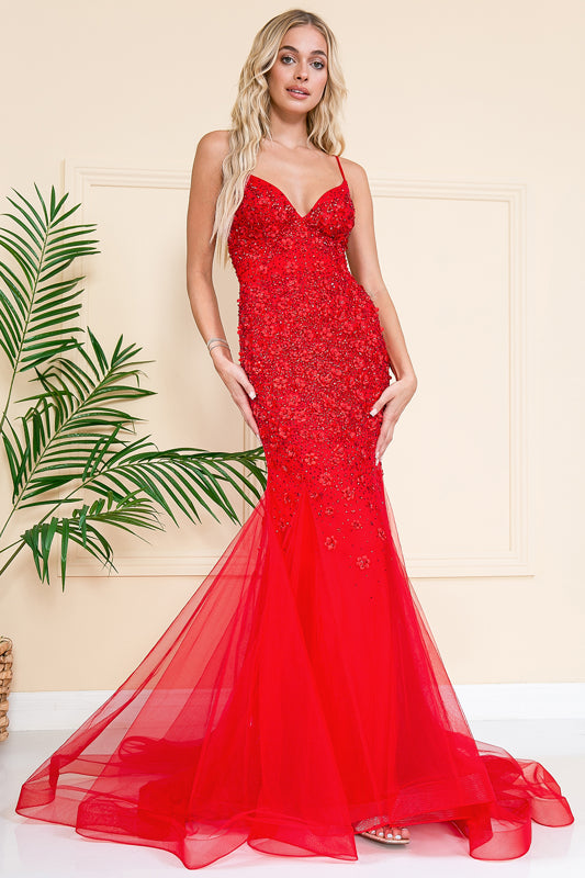 3D Flowers Appliques Mermaid Evening Dress SU066