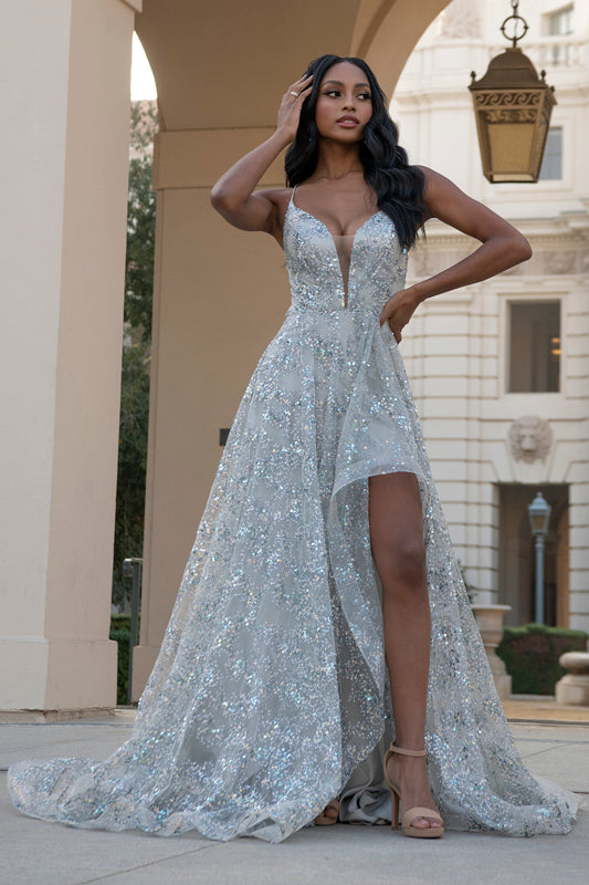 Illusion V-Neckline Glitter Long Gown BZ017 10 / Silver Illusion V-Neckline Glitter Long Gown BZ017 10 / Silver