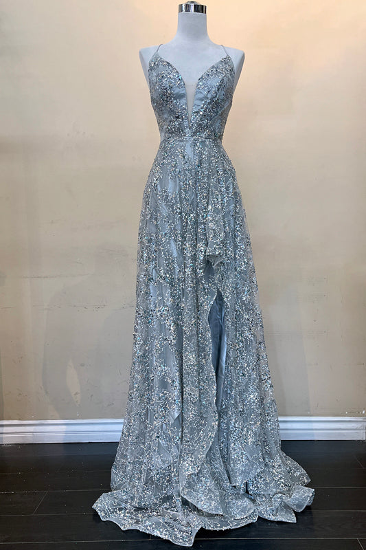 Illusion V-Neckline Glitter Long Gown BZ017 10 / Silver Illusion V-Neckline Glitter Long Gown BZ017 10 / Silver