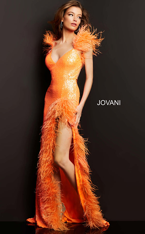 Jovani 06164 Orange Sequin and Feather Fitted Prom Dress – Sparkly Gowns