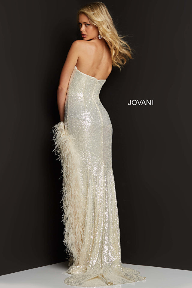 Plunging Sweetheart Neckline Feather Embellishment Prom Gown Jovani 07068 12 / LightPink Plunging Sweetheart Neckline Feather Embellishment Prom Gown Jovani 07068 12 / LightPink