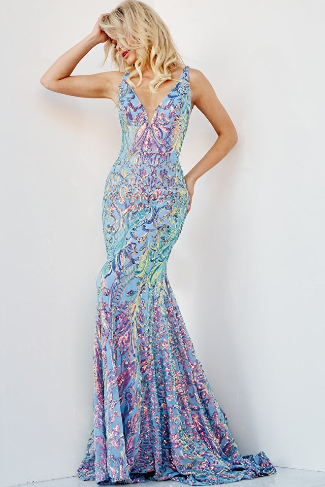 V-Neckline Iridescent Sequin Appliques Prom Gown by Jovani 08099 00 / IridescentBlue (LightBlue) V-Neckline Iridescent Sequin Appliques Prom Gown by Jovani 08099 00 / IridescentBlue (LightBlue)