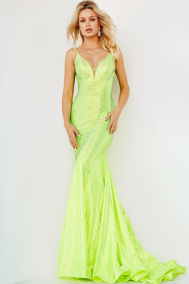 Plunging Neckline Metallic Embellishment Prom Gown Jovani 08157 18 / NeonGreen (GreenYellow) Plunging Neckline Metallic Embellishment Prom Gown Jovani 08157 18 / NeonGreen (GreenYellow)