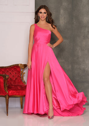 One Shoulder Satin Long Prom Dress Dave and Johnny  10524
