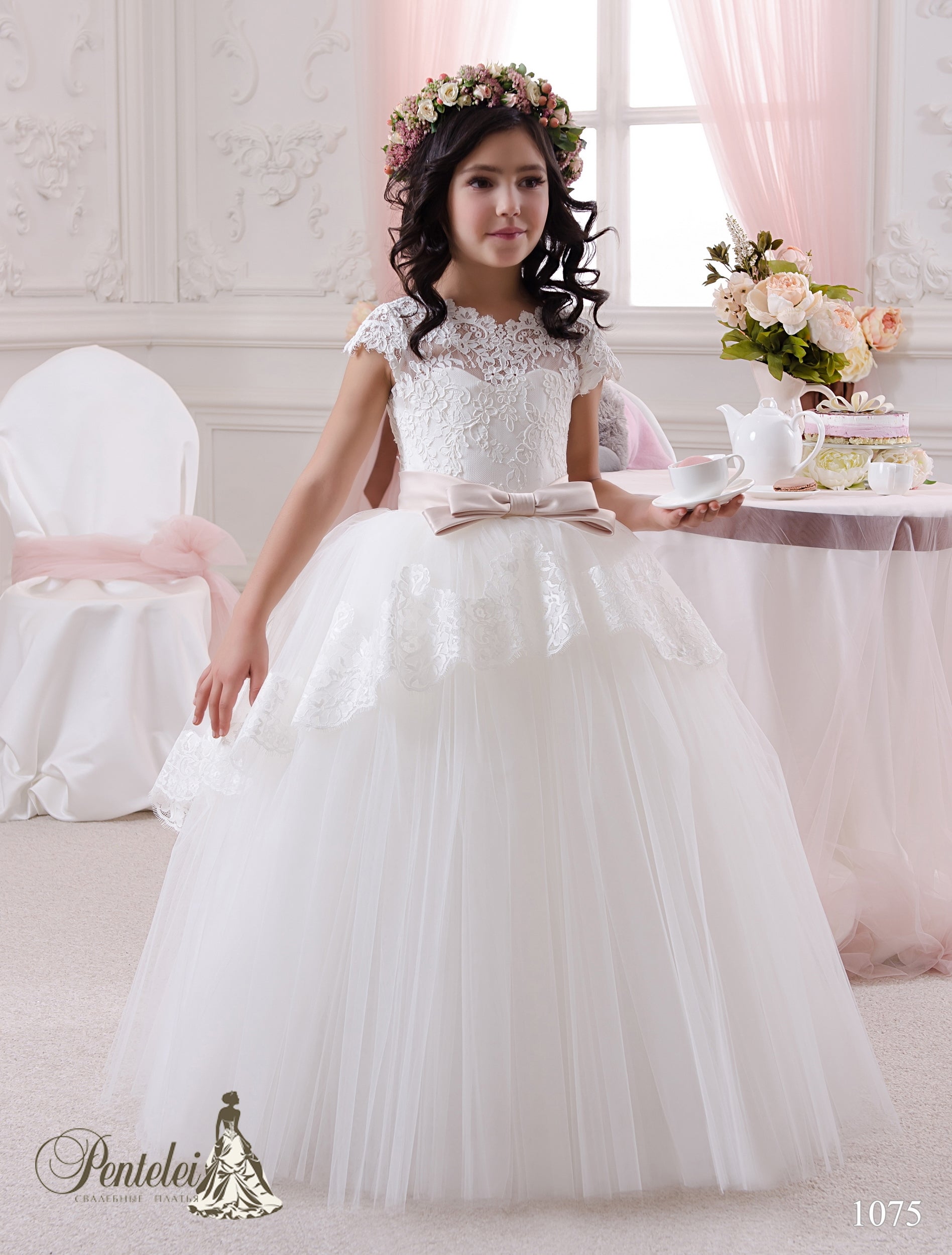 Illusion Lace Sleeve Flower Girl Dress with Bow