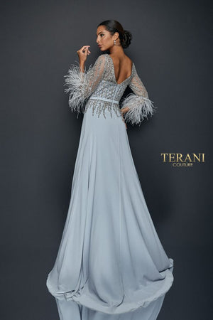 Terani 1921M0473 Feather Embellished Sleeves Long Gown
