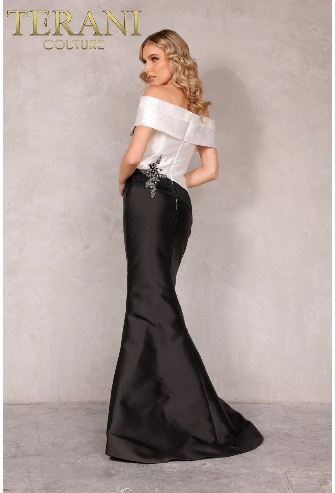 Terani - 2011M2159 - Tiered Folded Neckline Evening Dress Champagne Taupe / 12 Terani - 2011M2159 - Tiered Folded Neckline Evening Dress Champagne Taupe / 12