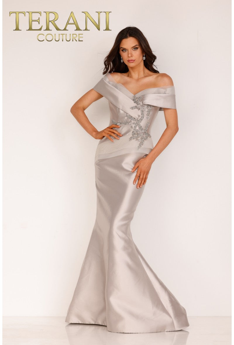 Terani - 2011M2159 - Tiered Folded Neckline Evening Dress Champagne Taupe / 12 Terani - 2011M2159 - Tiered Folded Neckline Evening Dress Champagne Taupe / 12