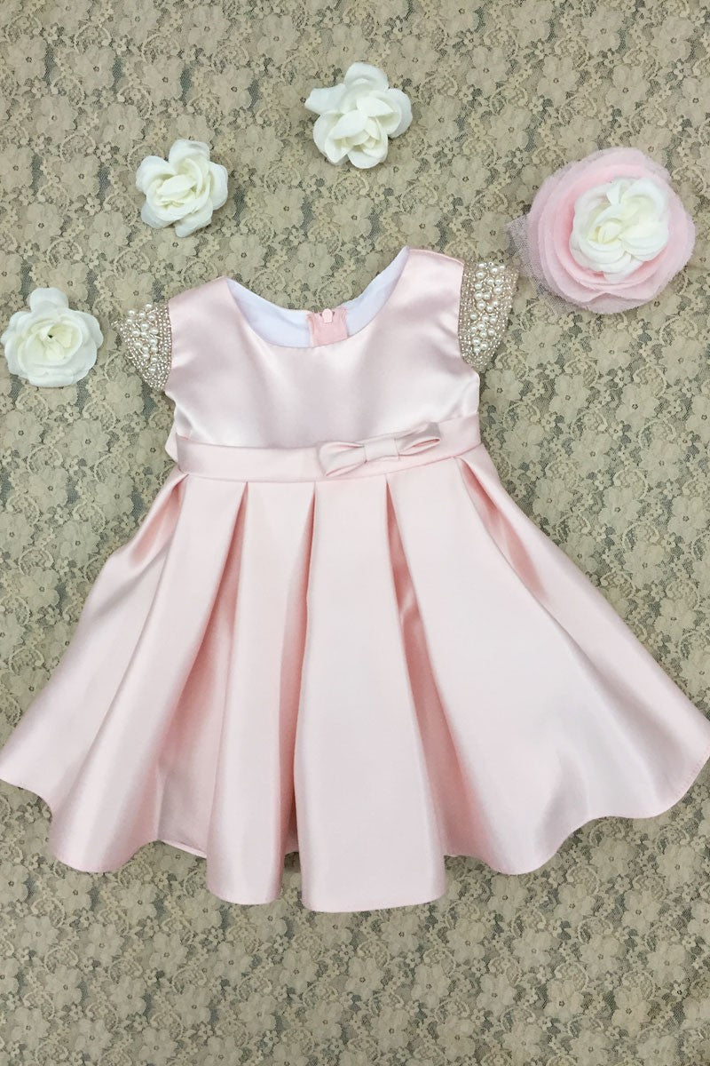 Satin Dress Beaded Short Sleeves Baby Dress 18 Months / White Satin Dress Beaded Short Sleeves Baby Dress 18 Months / White